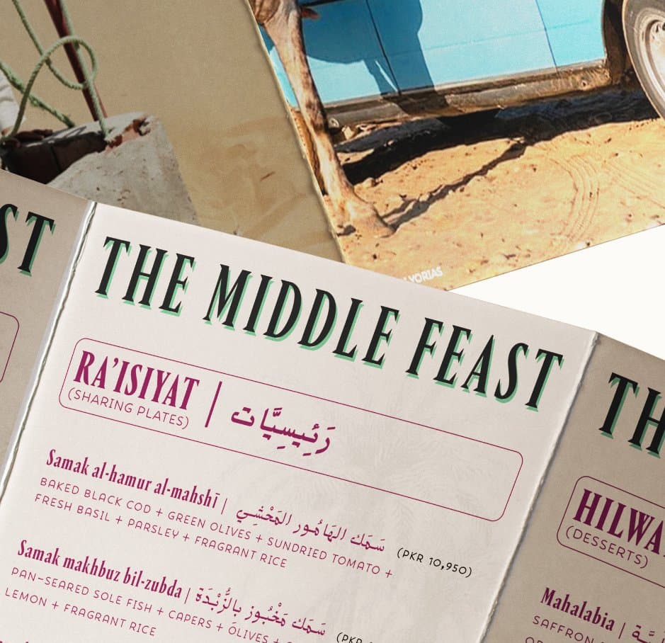 A Middle Feast menu spread showing a photo and a list of dishes in Arabic and English