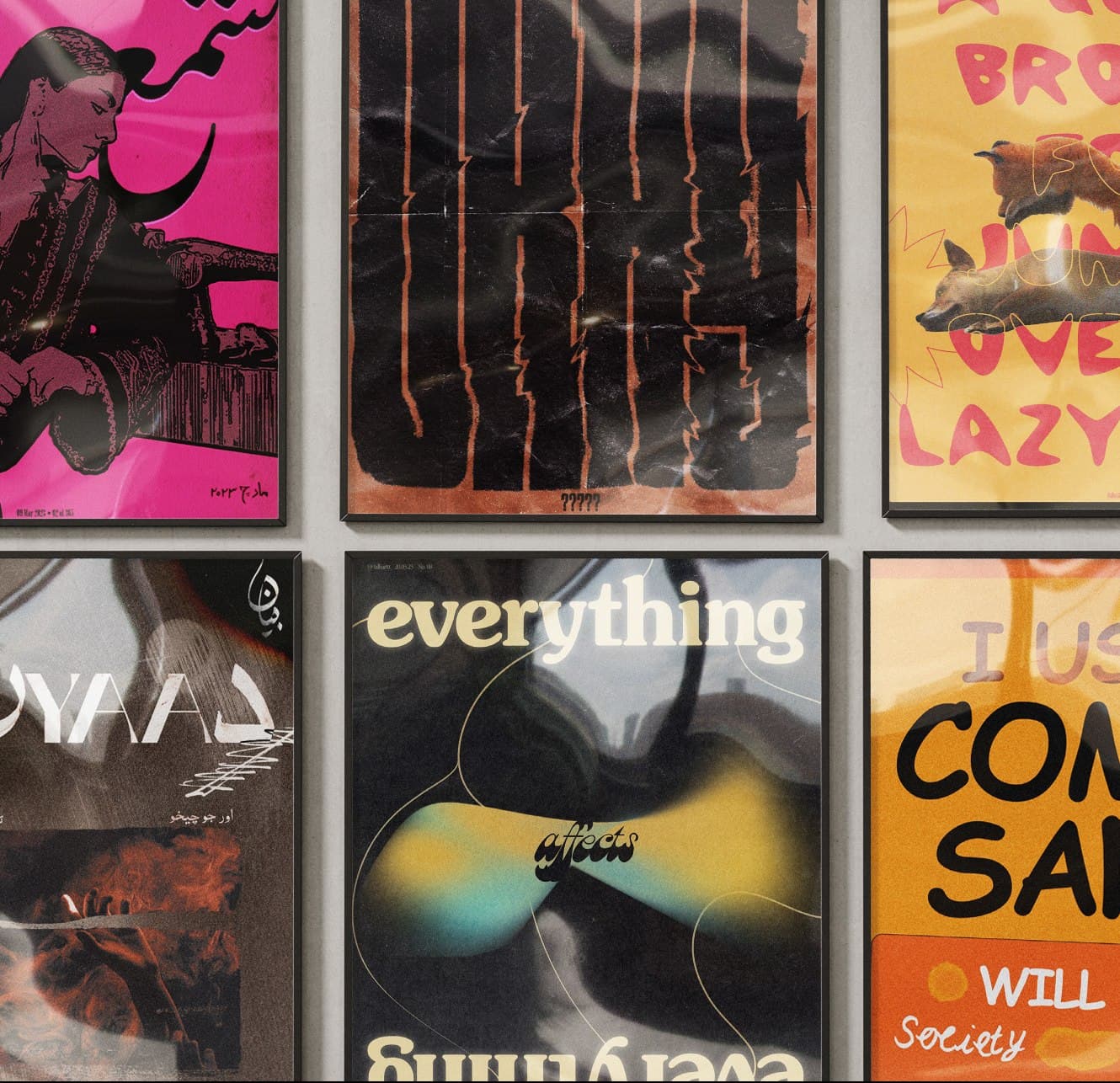 A strip of experimental typography posters, including a dark 'everything' poster and colourful abstract type