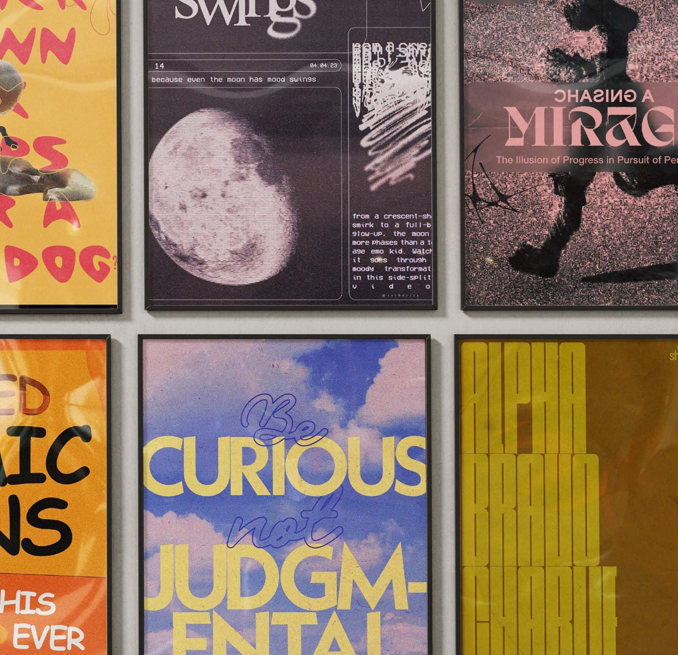 A strip of experimental typography posters, including 'Comic Sans' and 'Curious / Judgmental' posters